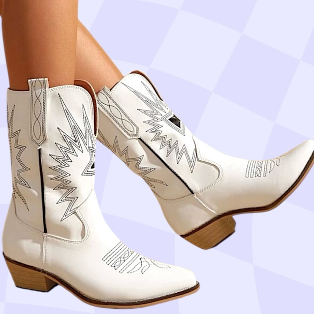 White, Silver & Black Embroidered Mod Calf Western Cowboy Boots